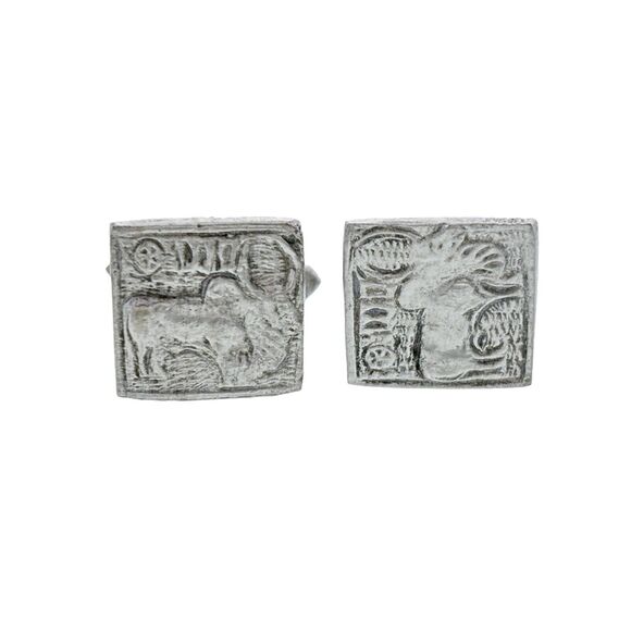 Sterling Silver Indus Valley Civilization Two Horned Zebu Bull Seal Cuff Links - Picture 1 of 5